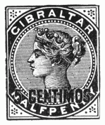 Stamp, "Gibraltar", Halfpenny, surcharged: 5 centimos
