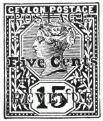 Stamp, "Ceylon", 15 cents, surcharged 5 cents, Postage,
Revenue