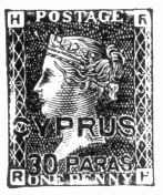 Stamp, 1 penny, surcharged "Cyprus", 30 paras