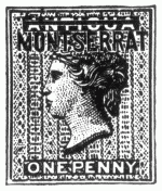 Stamp, "Antigua", 1 penny, surcharged "Montserrat"