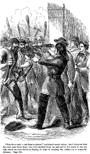 "Now for a rush—cut them to pieces!" exclaimed many
voices: but I observed that the cries came from those who were furthest
from us and out of the reach of our pistols, which we were forced to
display, in hope of keeping the robbers at a respectful distance.