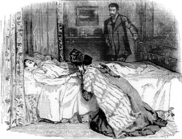 "She threw herself on her knees by the bedside and
seized his hand."