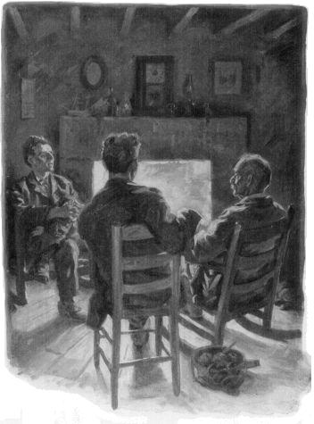 Three men by a fireplace