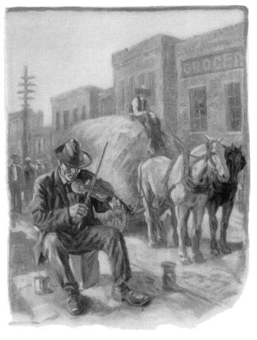 Man playing a fiddle near a horse-drawn wagon