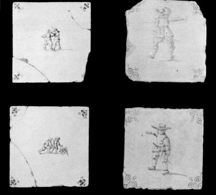 [Illustration: Wall or fireplace tiles found at Jamestown which were made in Holland. The blue designs and pictures were painted on a white background.]