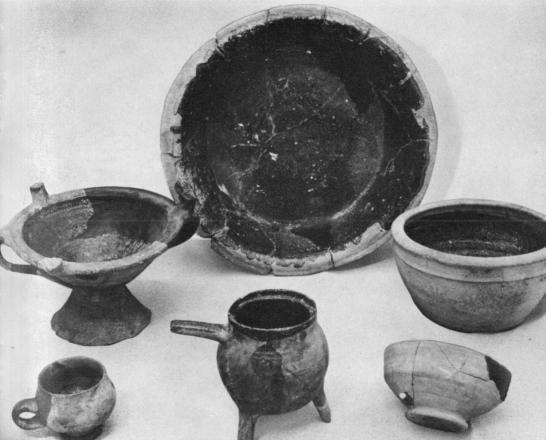 [Illustration: A few examples of lead-glazed earthenware made in England during the 17th century. All were unearthed at Jamestown.]