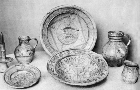 [Illustration: English sgraffito, or scratched, ware—one of the most colorful types of pottery unearthed at Jamestown.]