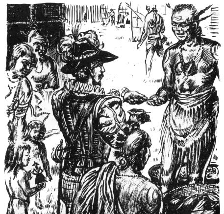 [Illustration: Settlers trading with the Indians—bartering casting counters and other trade goods for furs. (Conjectural sketch by Sidney E. King.)]
