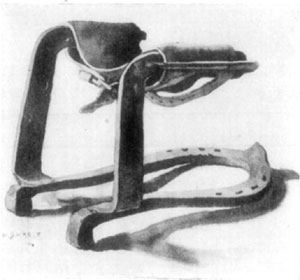 Fig. 27—A good style of shoe for bracing the fetlock
where tenotomy has been performed, or in case of traumatic division of
the flexor tendons. An invention of Dr. G.H. Roberts.