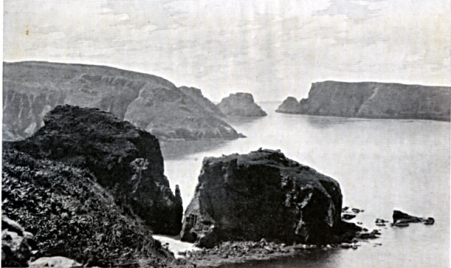 TINTAGEU. The great detached rock in foreground is TINTAGEU; to the left, the altar rock on which Phil used to
lie; the bay behind is PORT A LA JUMENT with BELFONTAINE in the cliffs at the head of it; in the foreground THE GOULIOT ROCKS
and PASSAGE; on the right BRECQHOU.