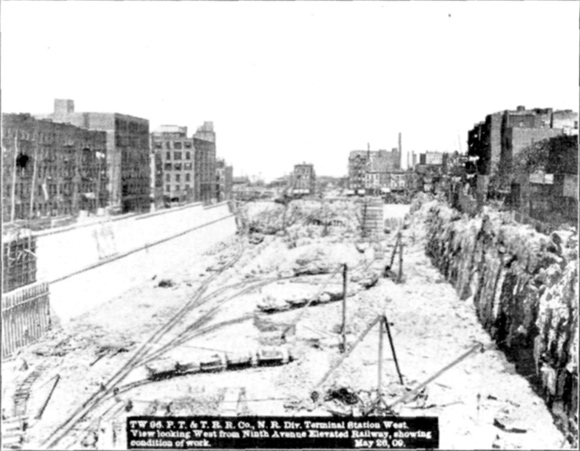 Plate L, Fig. 3.— TW 96, P.T. & T.R.R. Co. N.R. Div. Terminal Station West. View looking West from Ninth Avenue Elevated Railway, showing condition of work. May 26, 09.