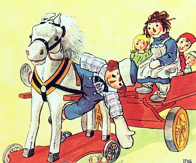 The wooden horse pulls a cart