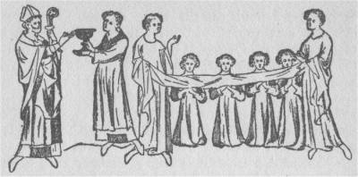 ADMINISTERING HOLY COMMUNION WITH THE HOUSEL CLOTH.
From a Fourteenth-Century Manuscript.