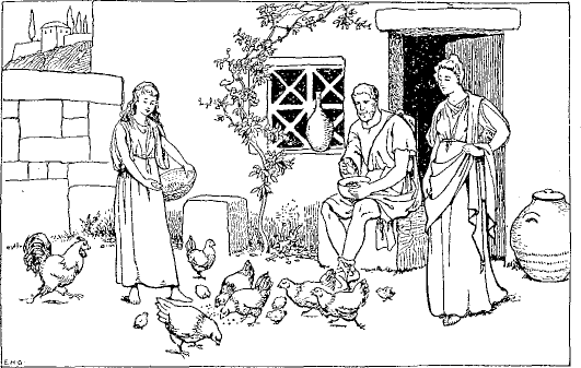 In front of a farmhouse: daughter feeding chickens, father
holding a bowl, mother standing