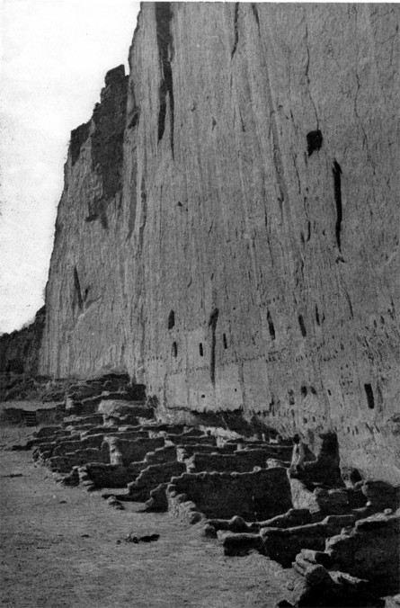 Rito de los Frijoles: Cavate Rooms in Cliff; Ruins of Talus Pueblo at the Foot of Cliff