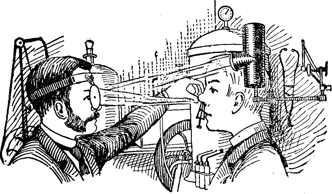 Illustration:
Fig. 9. Examination of the Nasal Passages by means of the Rhinoscope and
Head Mirror.