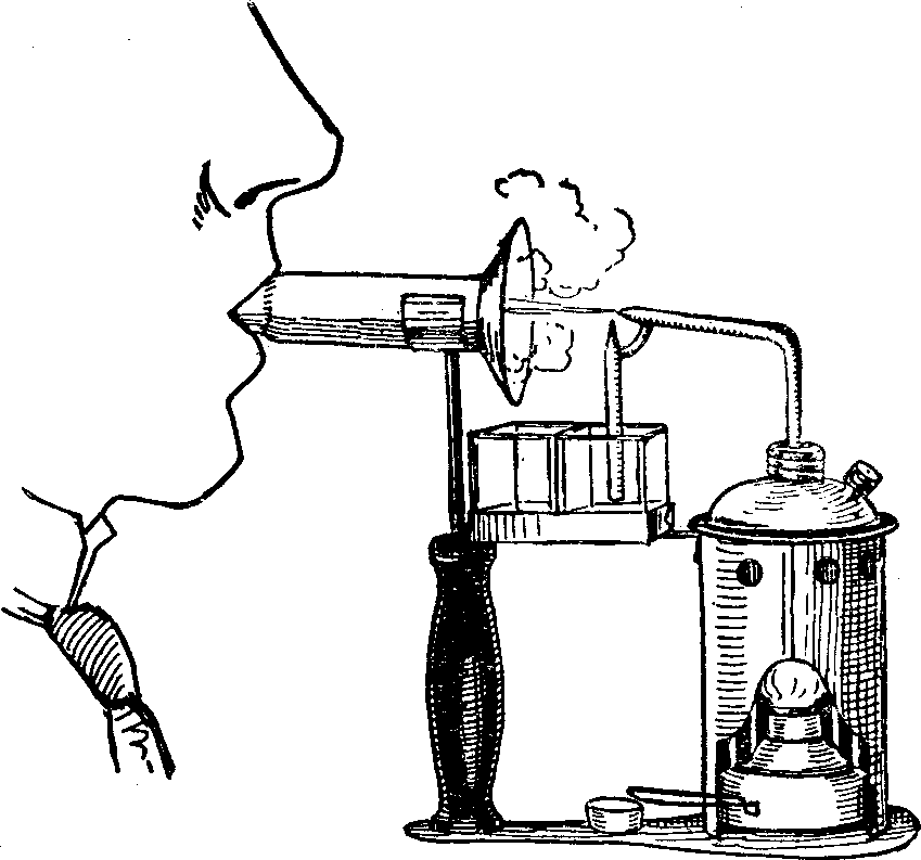 Illustration:
Fig. 11. Steam Atomizer, illustrating position of head during treatment.