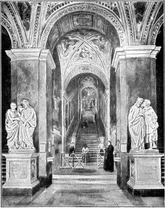 THE FAMOUS SACRED STAIRWAY
IN ROME

Here Luther, climbing the stairway on
his knees, heard the message, "The
just shall live by faith."