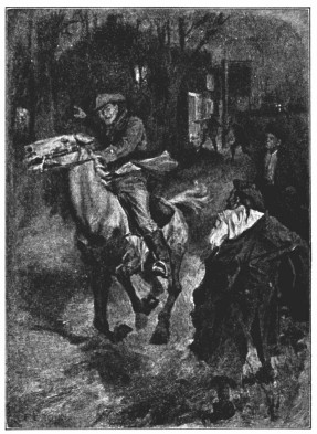 A drawing of a man rushing about on a horse