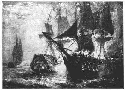 A copy of a painting showing two ships battling.