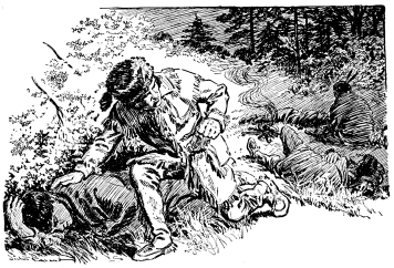 A drawing of a man in frontier garb crouching over a sleeping man.