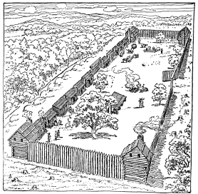 A bird's-eye-view drawing of a fort, showing the surrounding stockade wall.