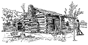 A drawing of the exterior of a log cabin.