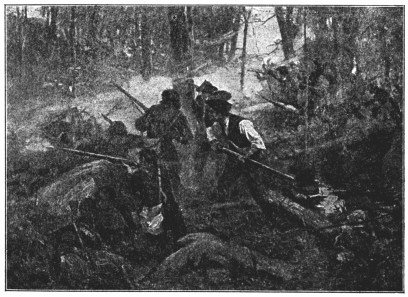 A copy of a painting showing a battle in a forest.