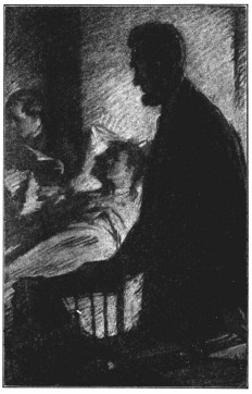 A copy of a charcoal sketch showing a shadowy Lincoln standing next to a bed-ridden man.