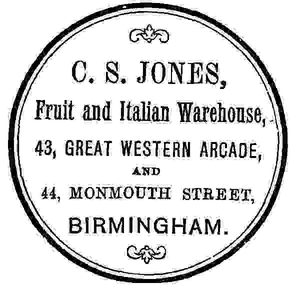 C.S. JONES, Fruit and Italian Warehouse, 43, GREAT WESTERN ARCADE, AND 44 MONMOUTH STREET, BIRMINGHAM.