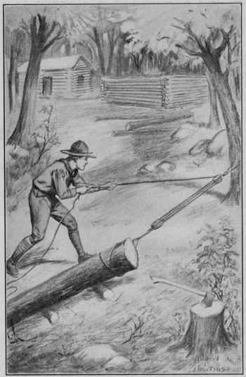 TOM HAULED THE LOGS BY MEANS OF A BLOCK AND FALL--Tom Slade at Black Lake Frontispiece (Page 96)