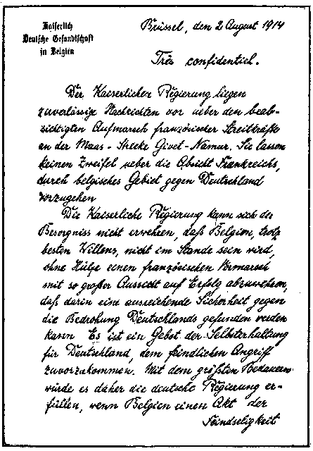 Facsimile of the first page of the German ultimatum to Belgium