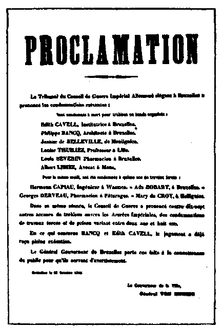 German proclamation announcing the execution of Miss Cavell