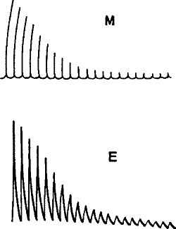 Fig. 5.—Simultaneous Record of the Mechanical (M) and (E) Electrical Responses of the Muscle of Frog. (Waller.)