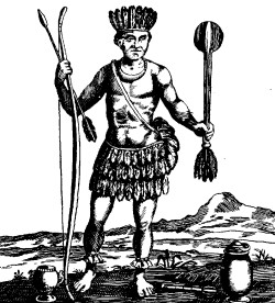 OLD DRAWING OF AN AMERICAN INDIAN; AT HIS FEET
A CHOCOLATE-CUP, CHOCOLATE-POT, AND CHOCOLATE
WHISK OR "MOLINET."