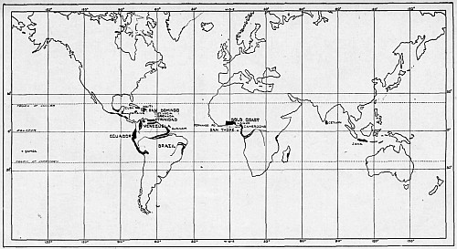 MAP OF THE WORLD, WITH ONLY CACAO-PRODUCING AREAS MARKED.
