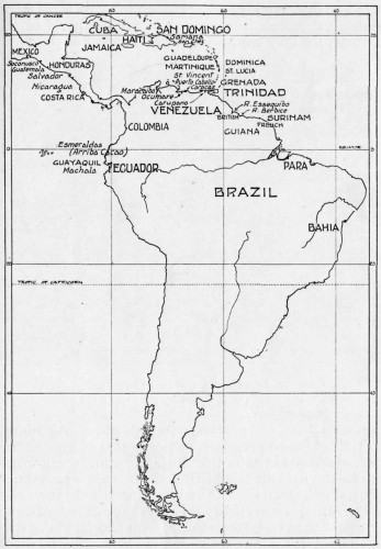 MAP OF SOUTH AMERICA AND THE WEST INDIES.
Only cacao-producing areas are marked.