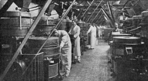 CACAO GRINDING.
A battery of horizontal grinding mills, by which the cacao nibs are ground to paste
(Messrs. Cadbury Bros., Bournville.)