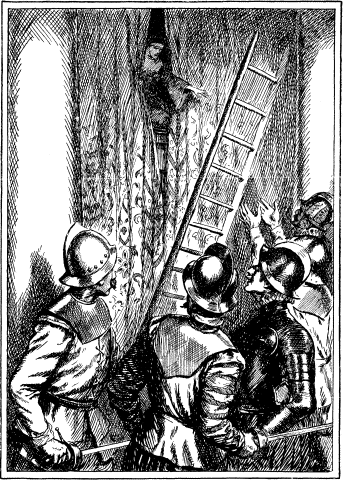 The archers set a ladder against the wall, which the lady instantly threw down.