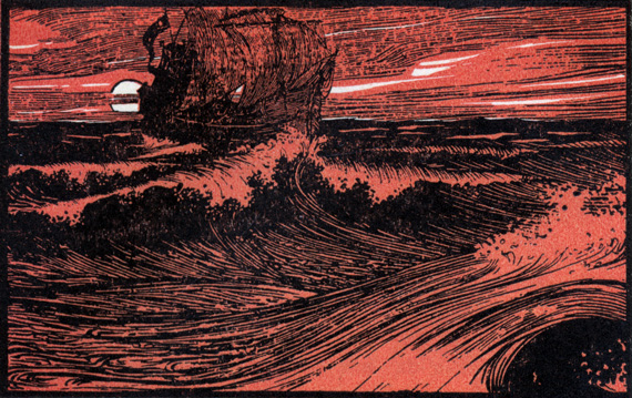 Woodcut in red and black of a ship on a swelling sea