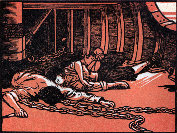 A woodcut of 3 dead men, one with a knife in his hands