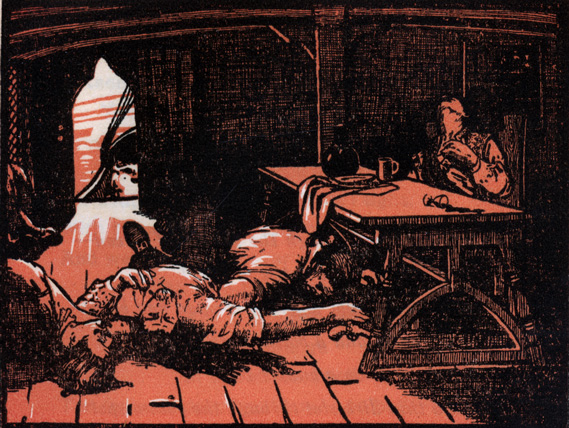 A woodcut of more dead men, one slumped at a table.