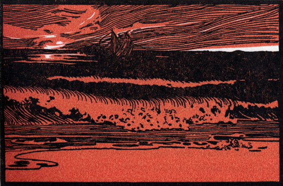 A woodcut of surf, with a wrecked ship in the distance