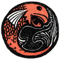 A circular woodcut of a stylized fish