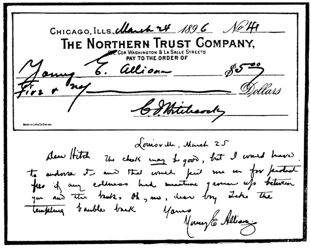 A bank check, and a note from Allison to Hitchcock