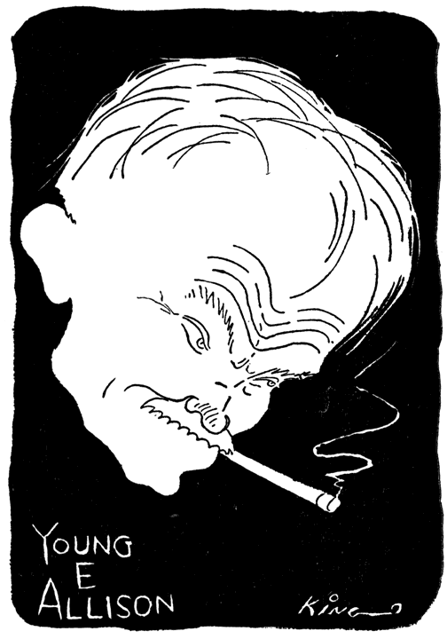 A drawing of a man's head, a cigarette clamped in his lips