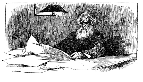 A drawing of a seated man reading papers