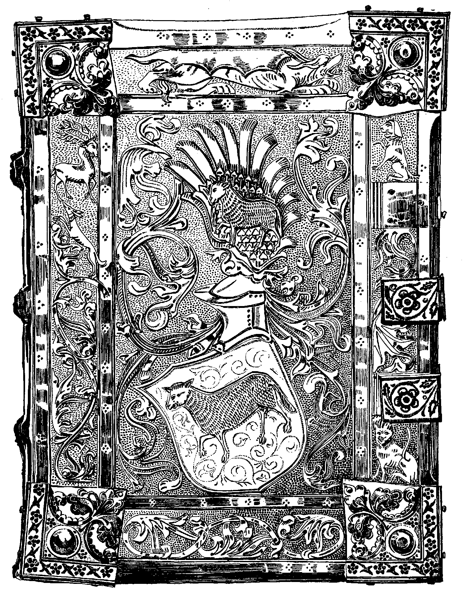 Geschnittemer, gepunzter und getriebener Ledereinband mit dem Löffelholz'schen Wappen. 15. Jahrhundert. Im Germanischen Museum zu Nürnberg Illustration: Ledereinband