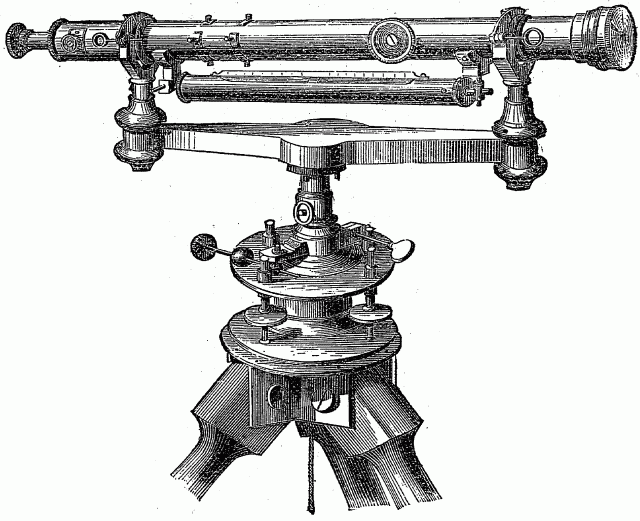 Fig. 6 - LEVELLING INSTRUMENT.44The instrument from which this cut was taken, (as also Fig. 7) was made by Messrs. Blunt & Nichols, Water st., N. Y. Illustration: Fig. 5 - MAP WITH 50-FOOT SQUARES, AND CONTOUR LINES.