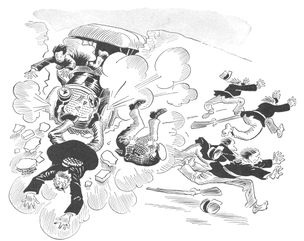 AS THE OCCUPANTS SPILLED SPRAWLINGLY THROUGH THE GAP, A FRONT TIRE EXPLODED WITH A LOUD REPORT AS THE OCCUPANTS SPILLED SPRAWLINGLY THROUGH THE GAP, A FRONT TIRE EXPLODED WITH A LOUD REPORT